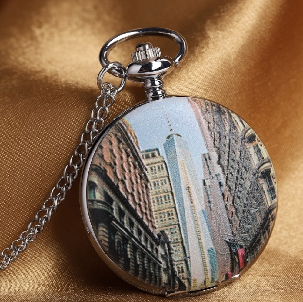NWT Strada Japanese Movement World Trade Center Pattern Pocket Watch with Chain